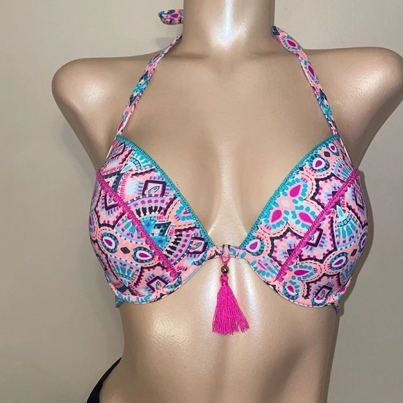Shade & Shore womens 34D medium bikini bathing suit swim top push up pink tassel - Picture 3 of 7